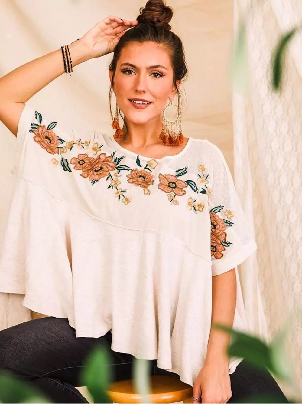 gimmicks by BKE Ivory Tunic with Peach Floral Embroidery